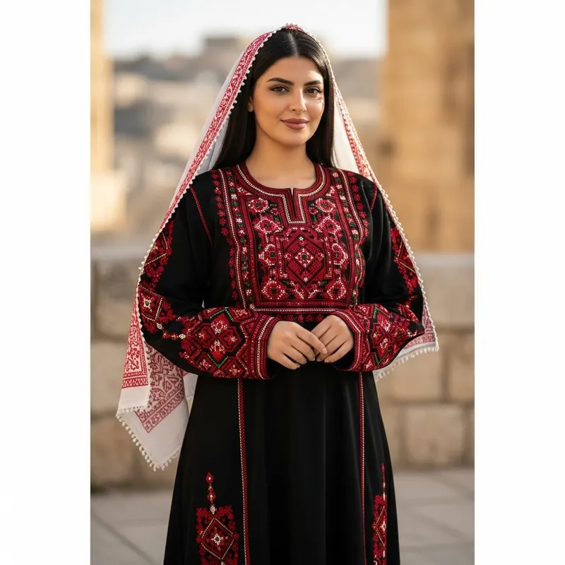 Palestinian Woman in Traditional Black Dress with Red Cross Stitching