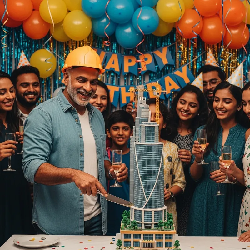 South Asian Man Celebrates Birthday with Skyscraper Cake