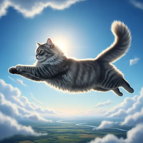 Fluffy Grey Cat Soaring Through the Sky