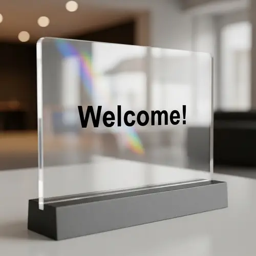 Transparent Acrylic 'Welcome!' Sign with Light-Refracting Effect