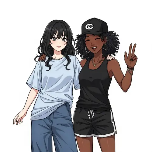 Anime Girl with Black Wavy Hair in Light Blue T-shirt | Best Friends