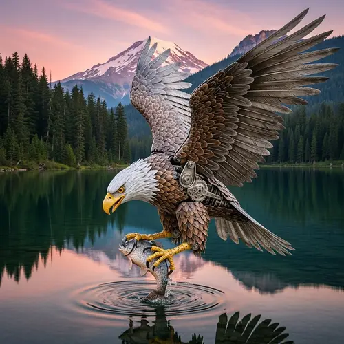 Mechanized Eagle Catches Fish in Stunning Lake Scene