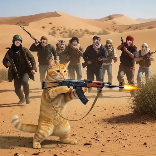 Tabby Cat with AK 47 Defends Against Desert Terrorists