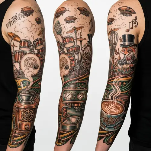 Steampunk Themed Tattoo Design with Music, Drums, Culinary, and Latte Art Elements