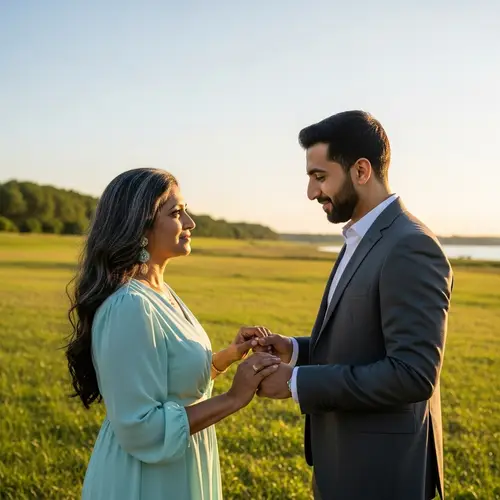 Emotional Connection Between South Asian Woman and Middle-Eastern Man in Grassy Field