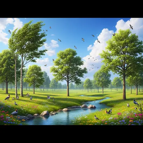 Tranquil Nature Scene: Majestic Trees, Meadow, Brook & Birds