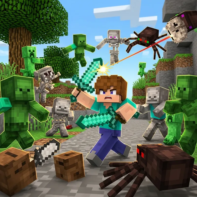 Epic Minecraft Character vs Mobs Battle: Intense Showdown