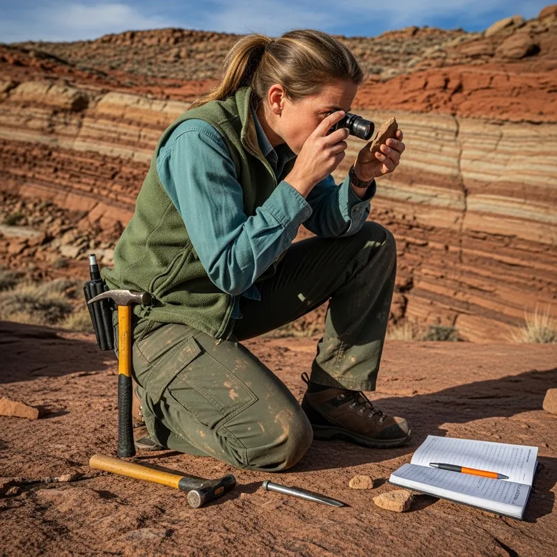 Geologist Working in Red-Green Attire