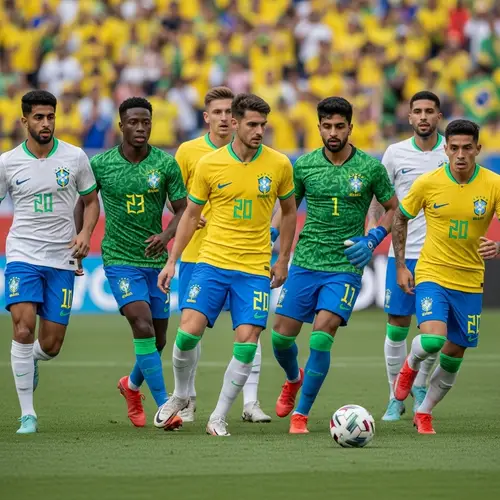 Diverse Football Team Representing Brazil on Modern Field