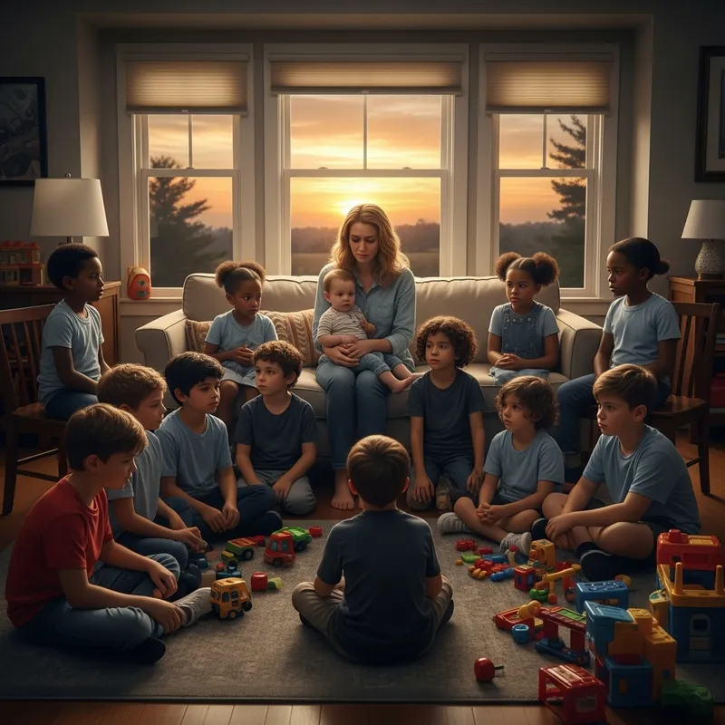 Heartbreaking Scene: Mother with 20 Sad Kids in Living Room Heartbreaking Scene: Mother with 20 Sad Kids in Living Room