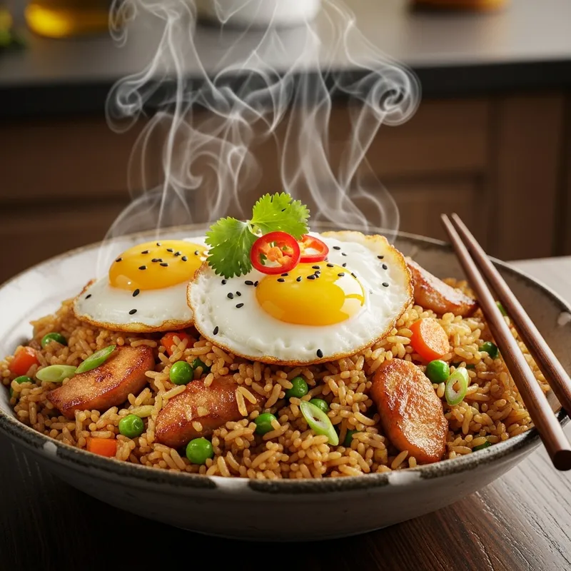 Authentic Vietnamese Fried Rice Bowl with Vegetables and Meat