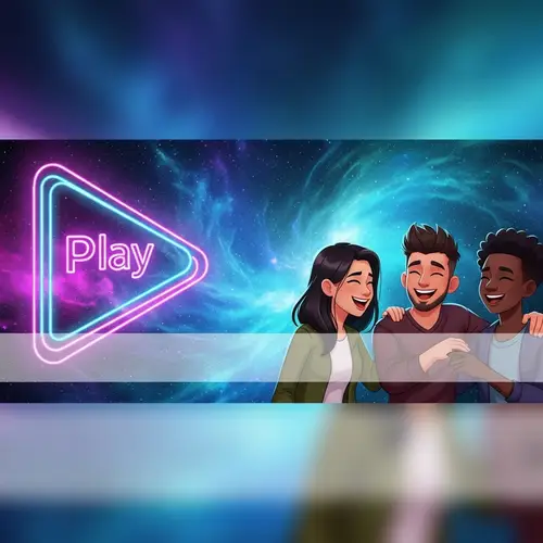 Vivid Galactic YouTube Banner with Play Symbol, Avatar Characters, Social Theme