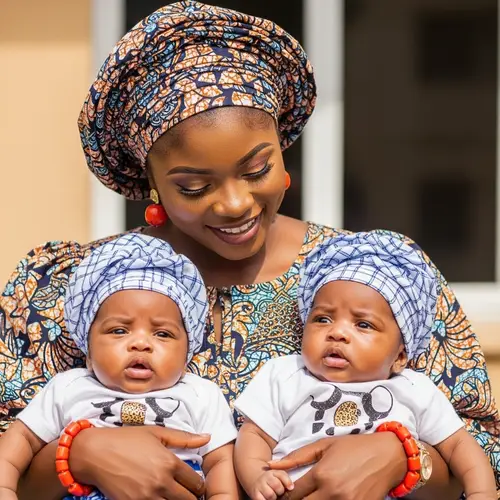 Young Nigerian Mother with Twin Infants: Cultural Diversity and Joy