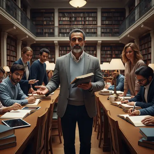 Modern-day Scholar Amid Diverse Contemporaries in Grand Library