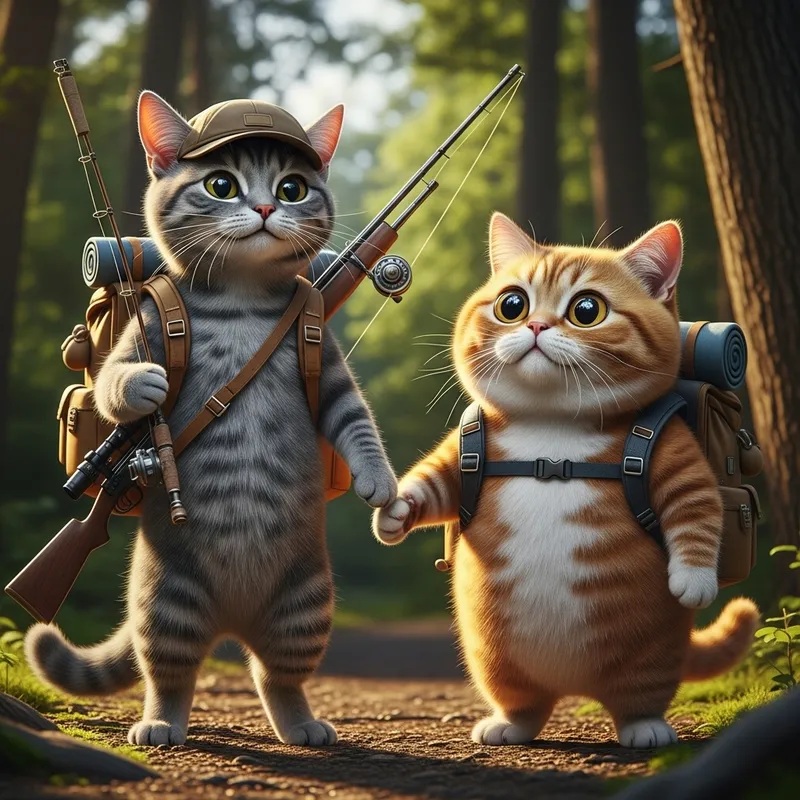 Realistic Grey and Red Cats in Hiking Gear - High Detail Photography