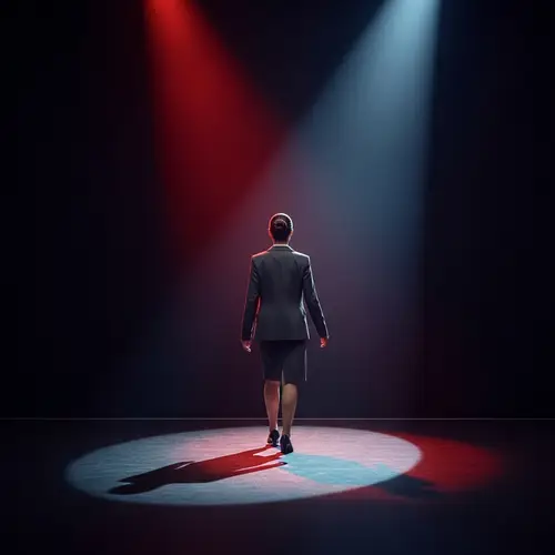 Confident Woman in Business Suit Delivering Speech on Stage