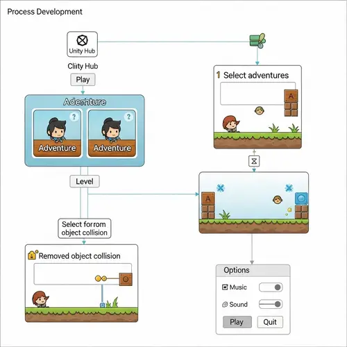 Game Development Process Flow Diagram: Unity Hub, Adventures, Level Commence
