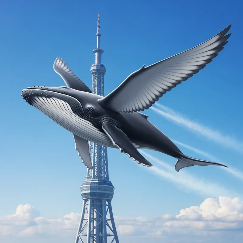 Whale Flying in Front of Valcon | Surreal Sky Scene