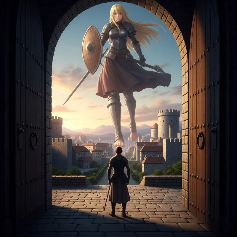 Breathtaking Giant Blonde Soldier Approaching Medieval City Wall Breathtaking Giant Blonde Soldier Approaching Medieval City Wall