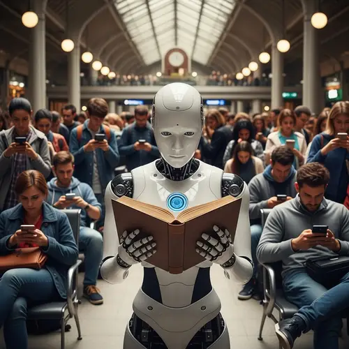 Futuristic Humanoid Robot Reading a Book Surrounded by Engrossed Diverse People