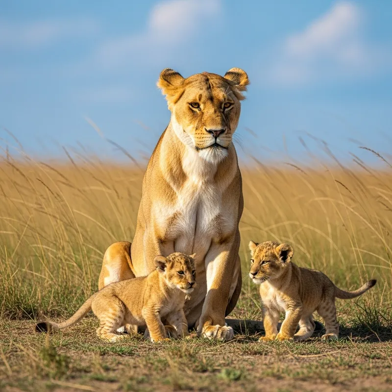 Majestic Mother Lioness and Her Tiny Cubs in African Savannah