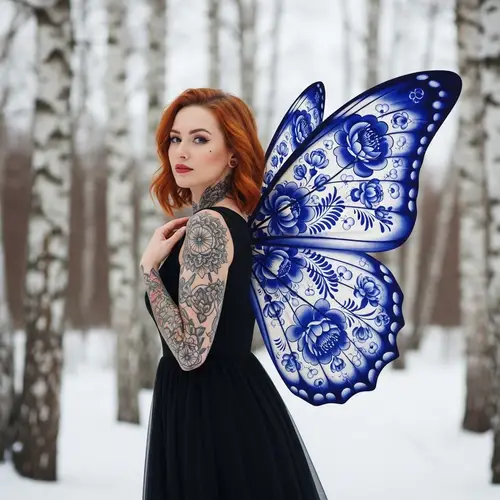 Russian Inspired Butterfly Woman: Intricate Tattoos & Gzhel Wings