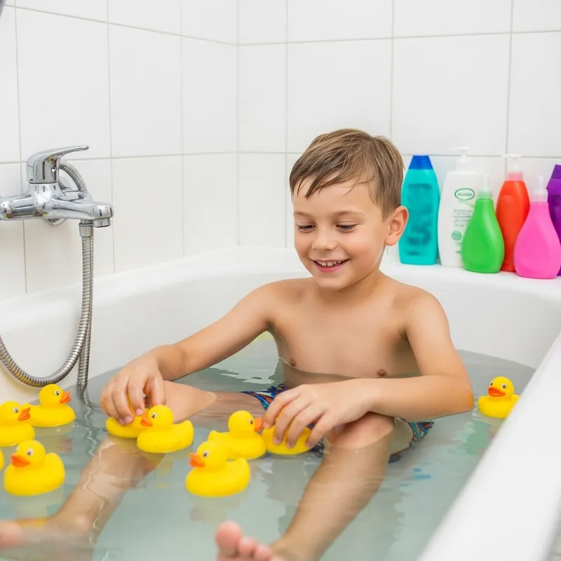 10-Year-Old Boy in Swimming Trunks Enjoying Bathtime Fun