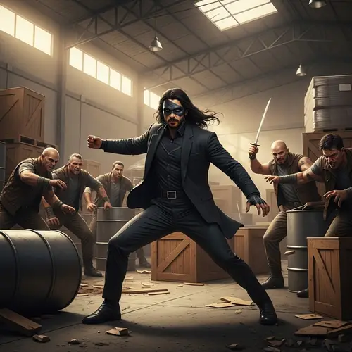 Action-Packed Middle-Eastern Male Superhero Battles Villains in Chaotic Warehouse