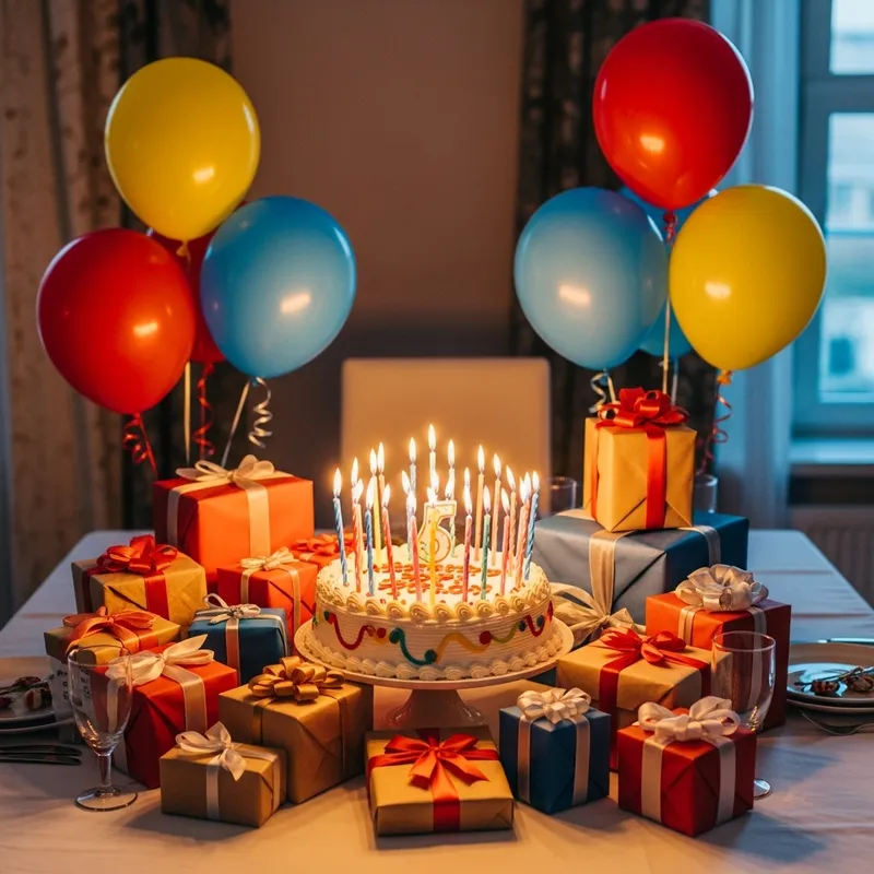 Colorful Birthday Cake Candles Gifts Balloons Celebration