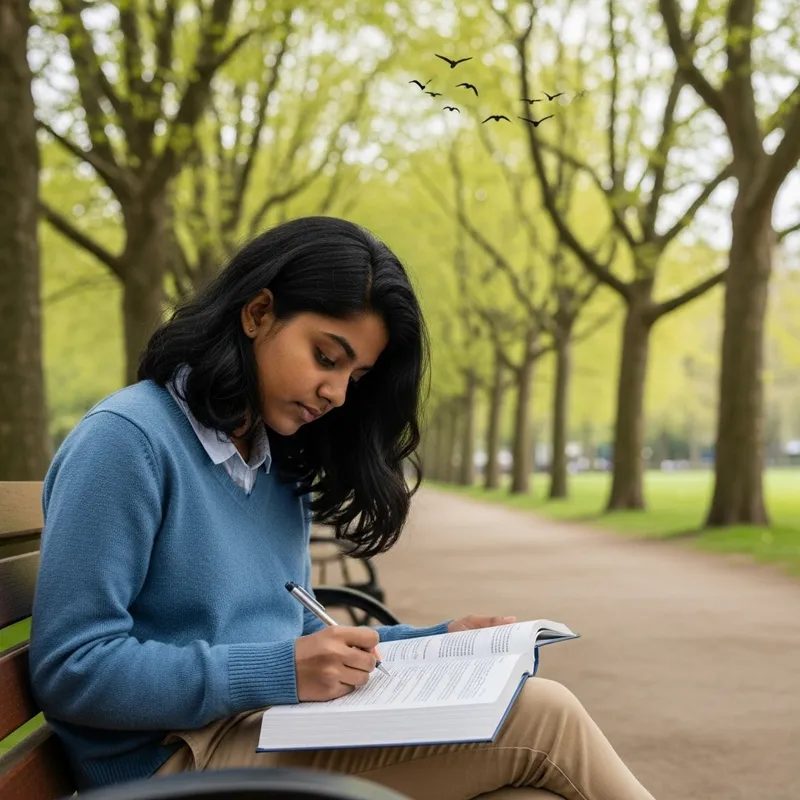 Young Girl Studying on Bench in Serene Setting