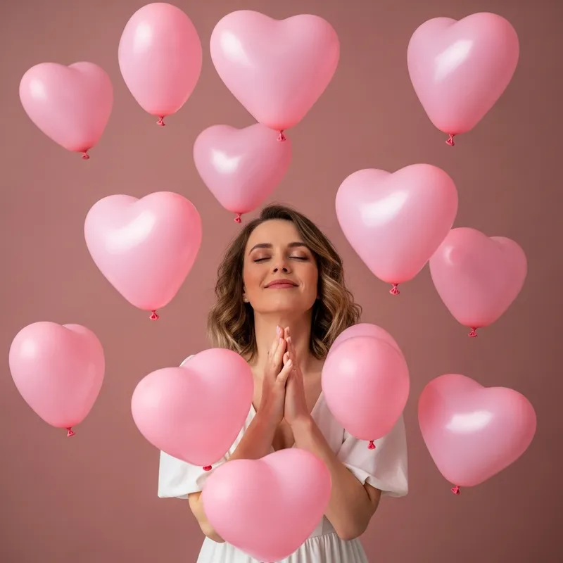 Enamored Woman Embracing Pink Hearts