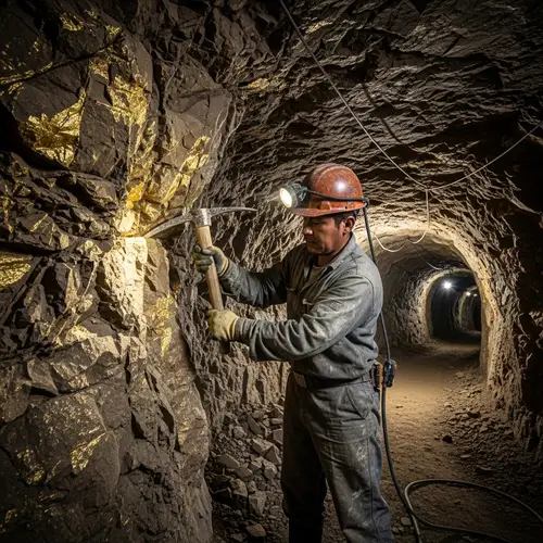 Hispanic Miner Extracting Gold in Dimly-Lit Underground Mine
