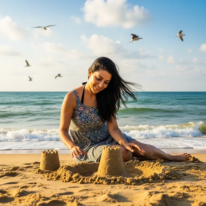 Tranquil Day at the Beach with a Woman Enjoying the Serene Backdrop