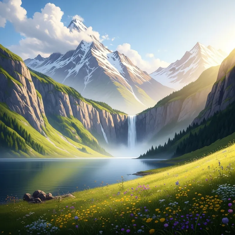Tranquil Landscape with Waterfall, Large Lake & Mountains