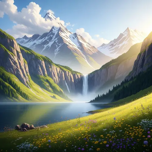 Tranquil Landscape with Large Lake & Waterfall | Spectacular Mountains