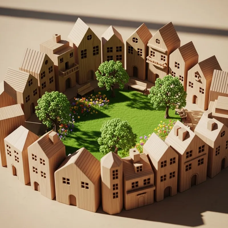 Symbolizing Simple Community: Clustered Wooden Houses of Unity and Togetherness