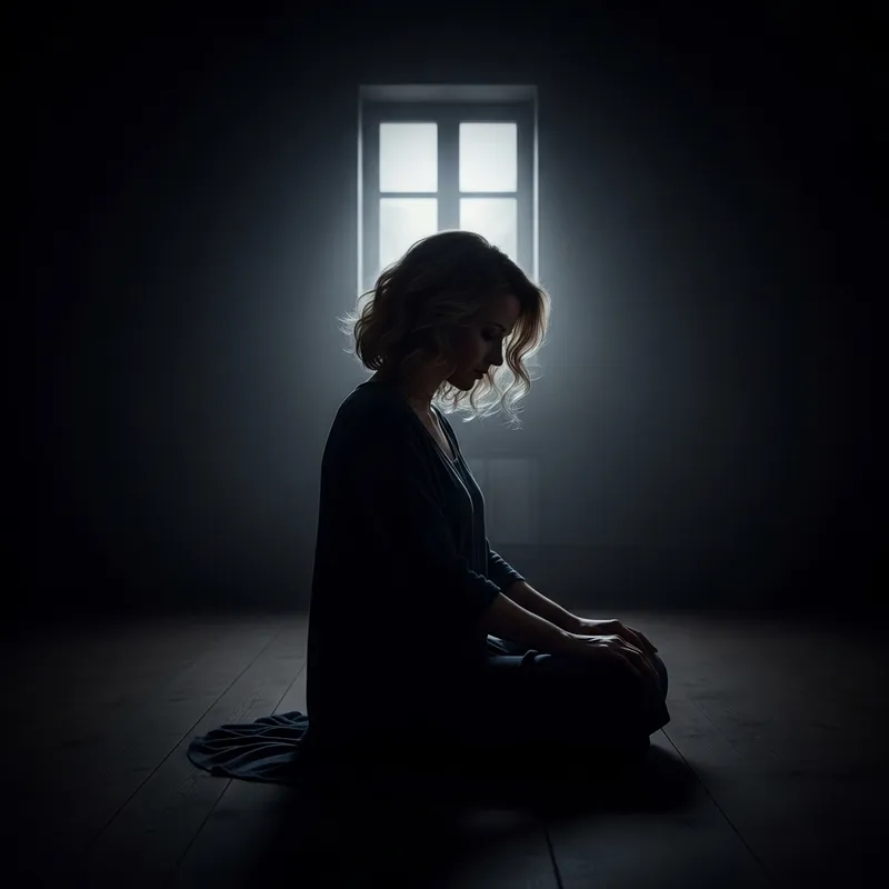 Curly Blonde Woman in Dark Room | Feelings of Depression and Desolation Curly Blonde Woman in Dark Room | Feelings of Depression and Desolation