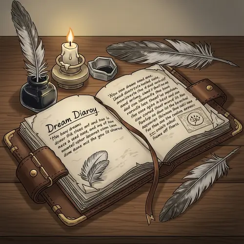 Antique Dream Diary with Feathers, Candle & Ink Pot