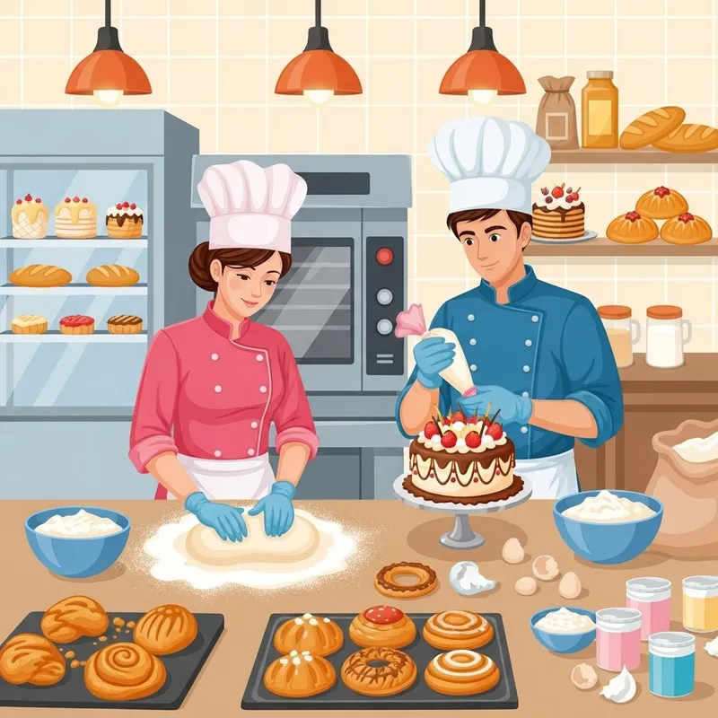 Pastry Chefs in Pink and Blue Uniforms at Busy Bakery | Baking Scene