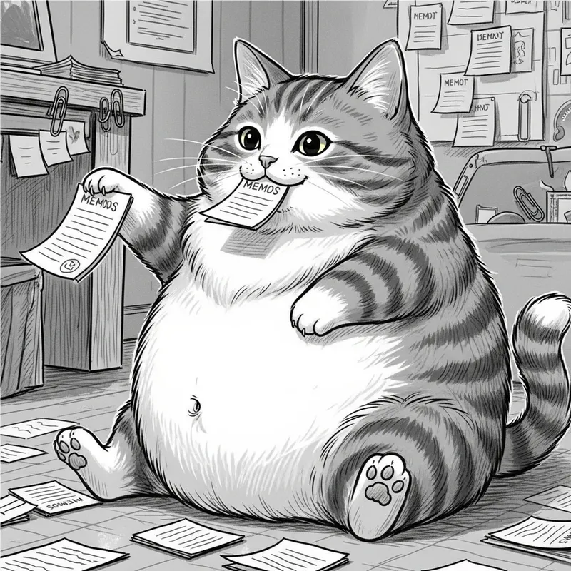 Chubby Cat Enjoys Eating Memos in a Whimsical Office