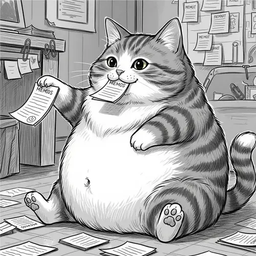 Chubby Cat Enjoys Eating Memos in a Whimsical Office