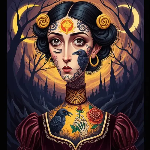 Surreal Tattooed Lady Portrait with Bold Color Schemes