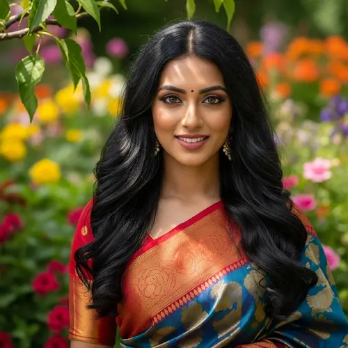 Beautiful South Asian Woman in Colorful Saree among Flowers
