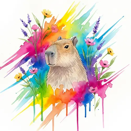 Vibrant Watercolor Capybara with Wild Flowers | Artistic Scene