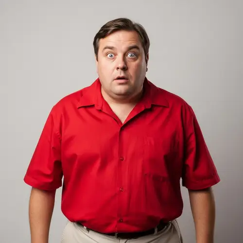 Surprised Overweight Man in Red Shirt and Khaki Pants
