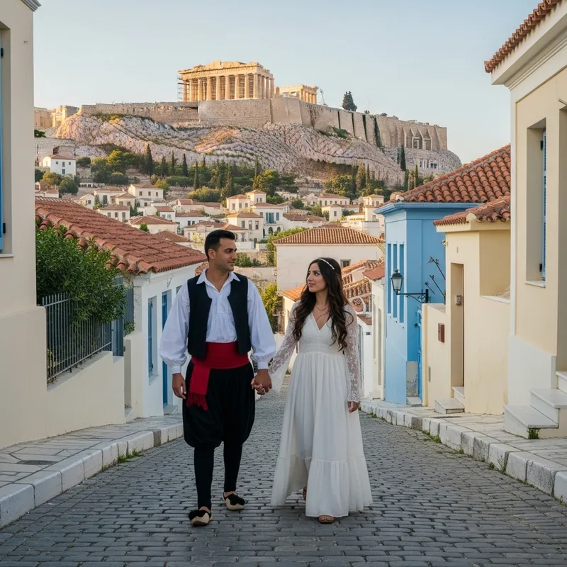 Exploring Greece: A Multicultural Couple in Stunning Cityscape