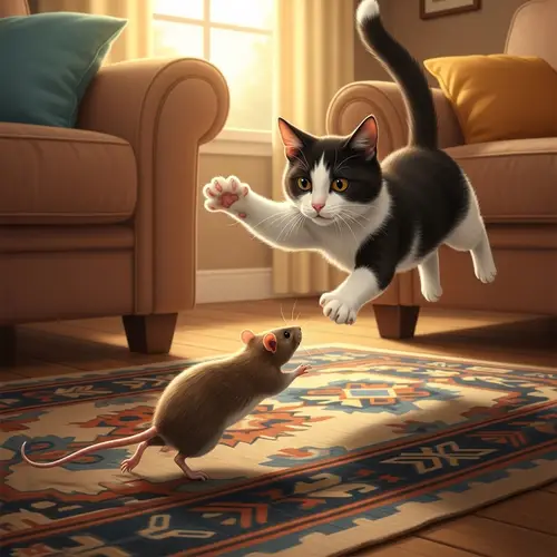 Playful Cat Chasing Brown Rat in Cozy Living Room