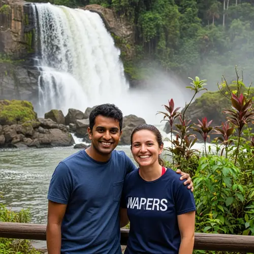 Joyful Multicultural Photo by Cascading Waterfall
