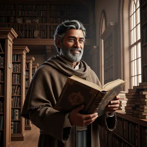 Enigmatic Scholar: Middle-Aged South Asian Book Character