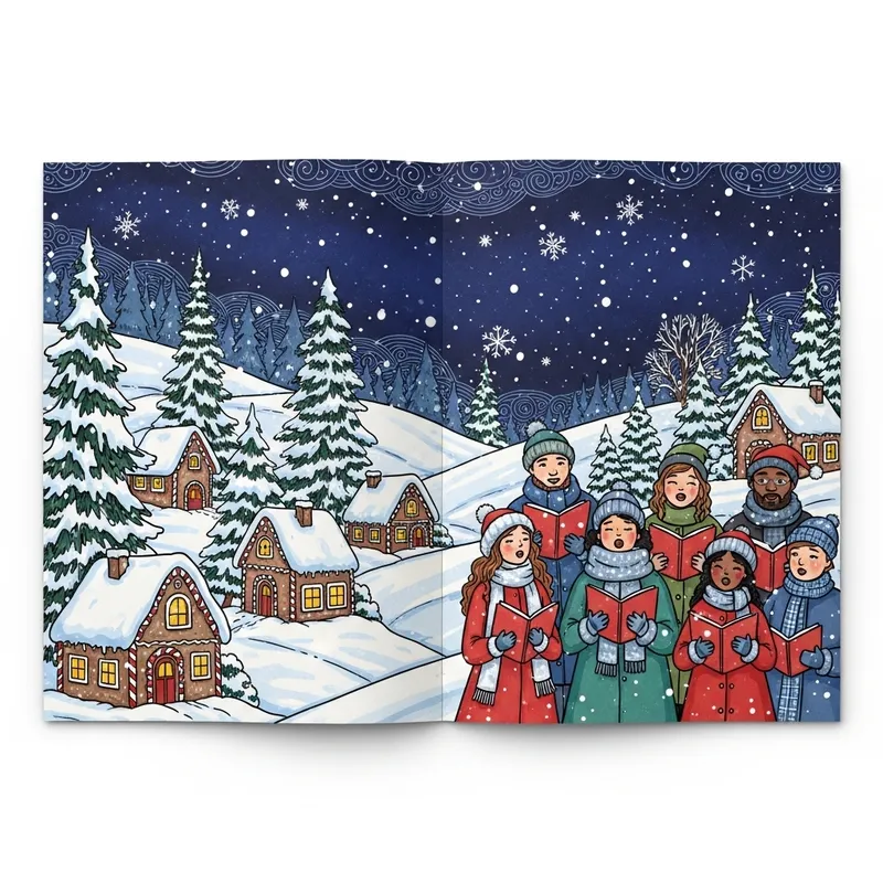 Festive Christmas Card with Winter Scene & Carolers - Italian Christmas Greeting Festive Christmas Card with Winter Scene & Carolers - Italian Christmas Greeting